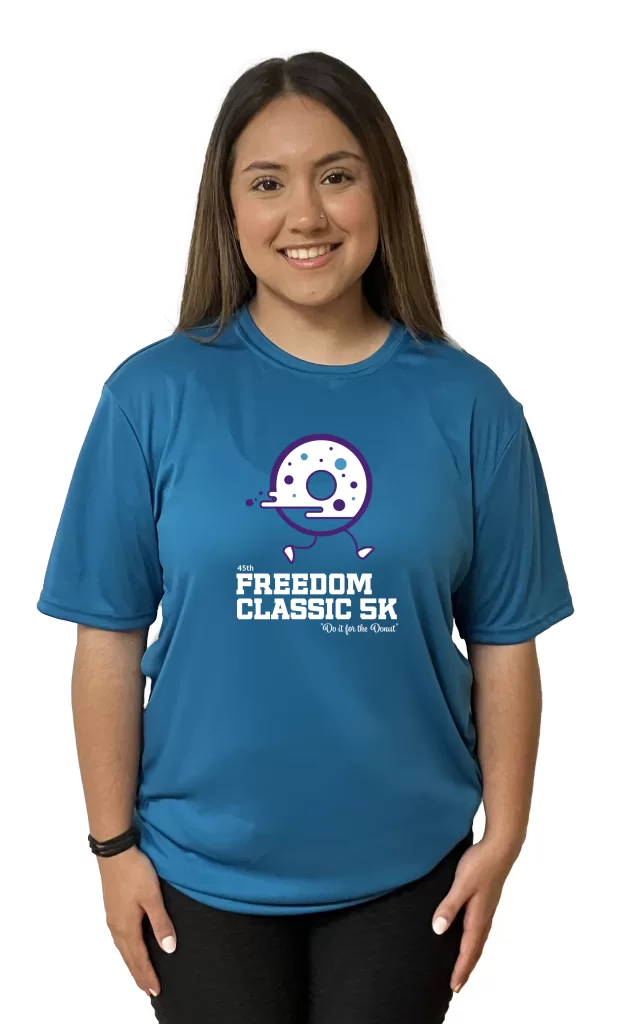 woman wearing 2024 Freedom Classic 5K shirt